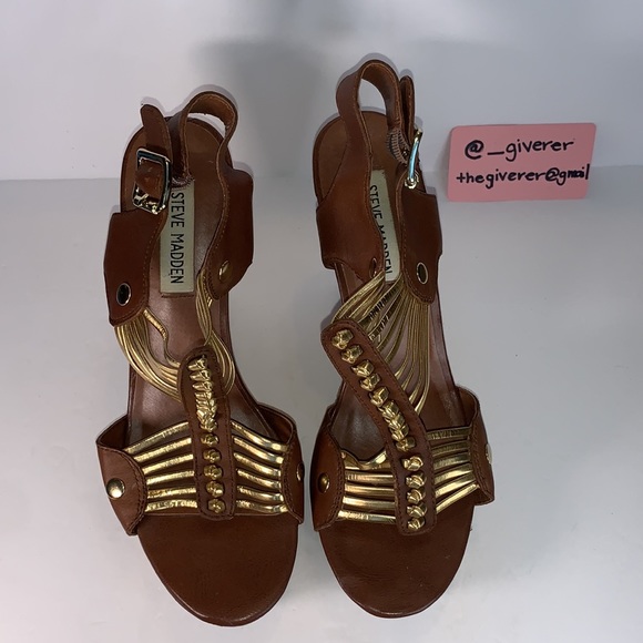 TUSCAAN 8.5 Steve Madden Cognac & Gold Wood Heel Wedge - Picture 9 of 16